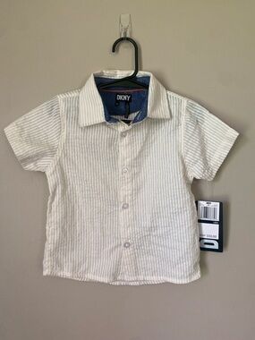 DKNY Tan white Seersucker Striped Short Sleeve Button-Up Shirt NWT